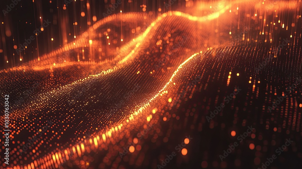 Poster glowing digital waveforms and abstract particles symbolizing the complexity of modern tech processes
