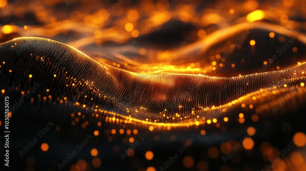 Poster glowing digital waves and abstract particles representing the complexity of modern technological pro