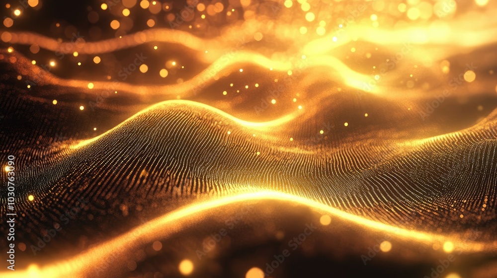 Poster glowing digital waves and abstract particles representing the complexity of modern technological pro