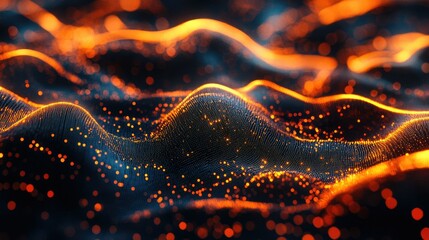 Obraz premium Glowing digital waves and abstract particles representing the complexity of modern technological processes