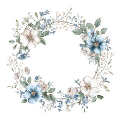 Watercolor Floral Wreath with Blue and White Flowers on Gray Wooden Background.