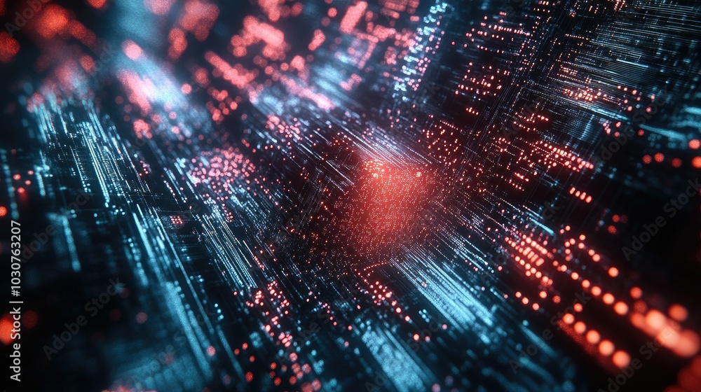 Poster glowing geometric patterns and abstract data points symbolizing high-tech processes and digital inno
