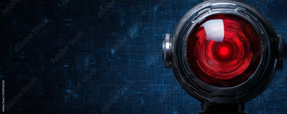 Poster a close-up view of a robotic eye featuring a glowing red lens against a dark, circuit-patterned back