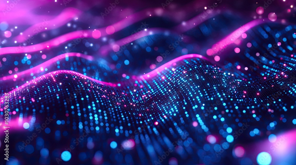 Poster glowing geometric patterns and abstract data points symbolizing high-tech processes and digital inno