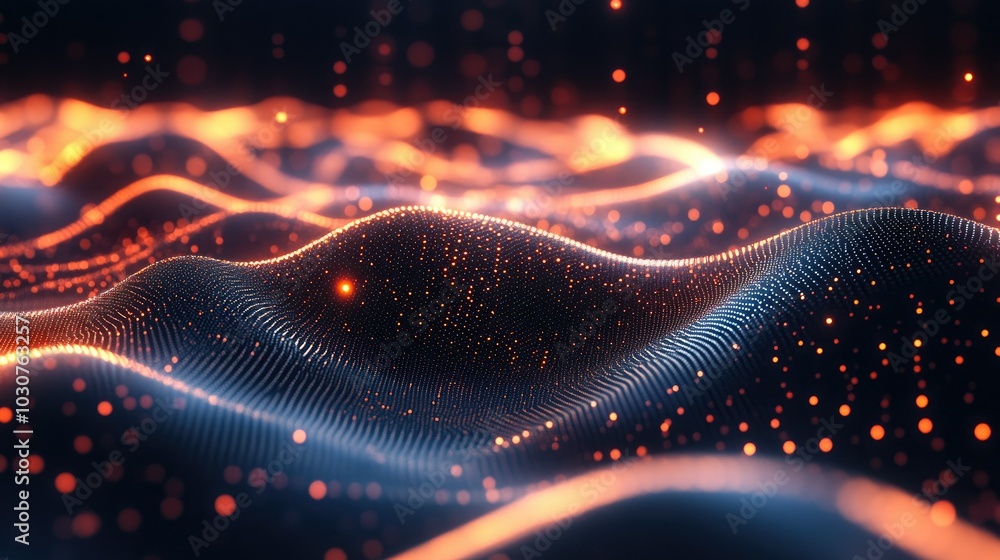 Poster glowing geometric patterns and abstract data points symbolizing high-tech processes and digital inno