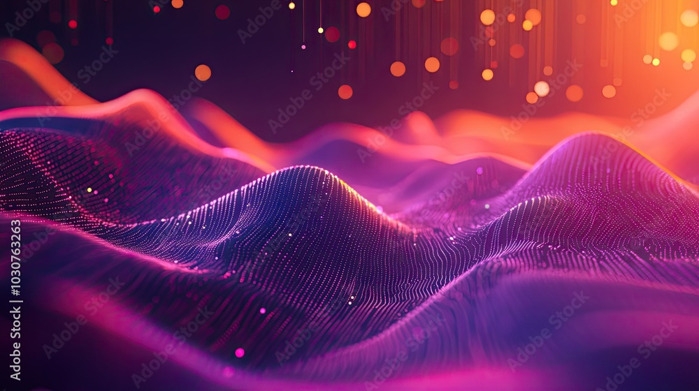 Poster glowing geometric patterns and abstract data points symbolizing high-tech processes and digital inno