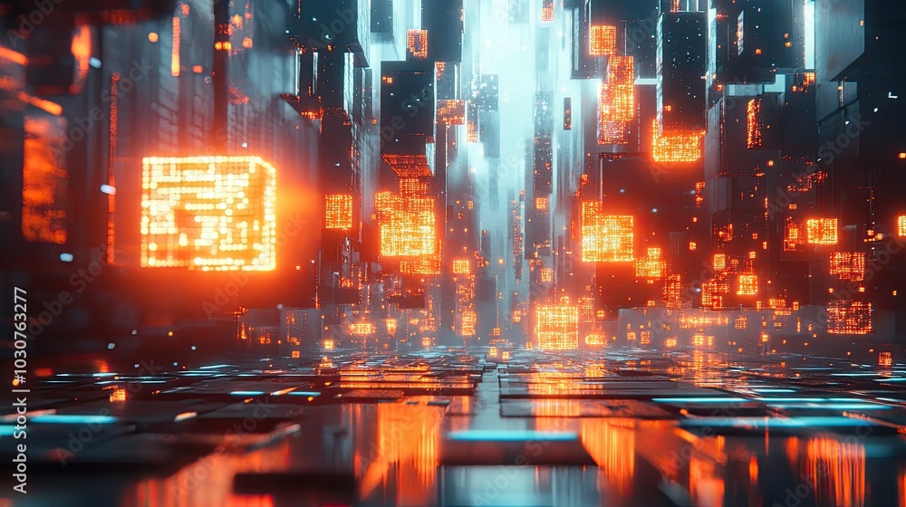 Poster glowing geometric shapes and abstract data particles in a high-tech digital space representing futur
