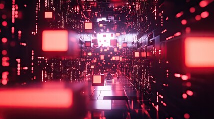 Fototapeta premium Glowing geometric shapes and abstract data particles in a high-tech digital space representing futuristic tech processes