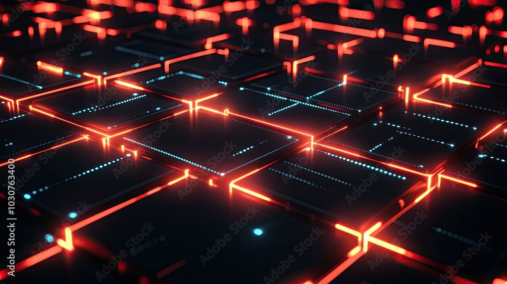 Poster glowing grid of abstract nodes and data pathways representing digital connectivity and technological