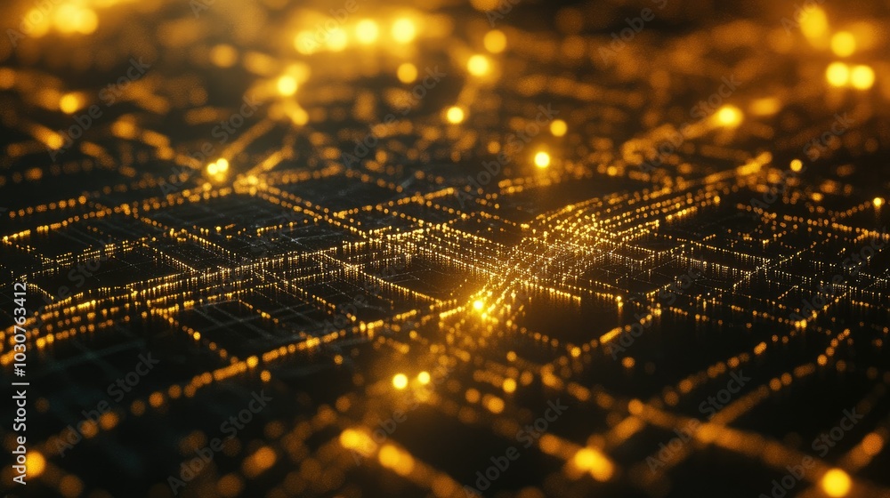 Poster glowing grid of abstract nodes and data pathways representing digital connectivity and technological