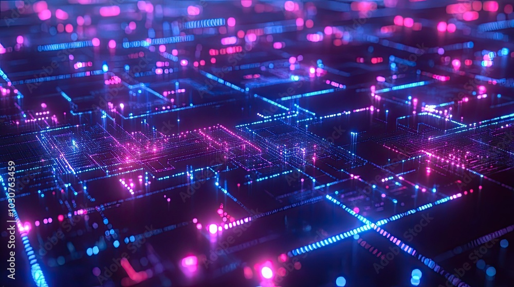 Poster glowing grid of abstract nodes and data pathways representing digital connectivity and technological