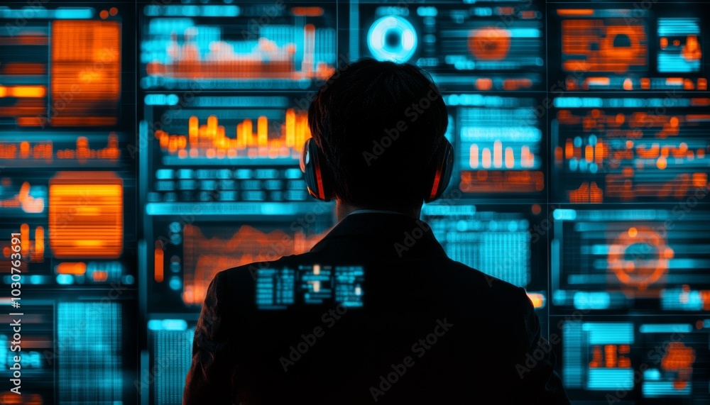 Poster a figure stands before a wall of vibrant digital displays featuring data visualizations, indicative 