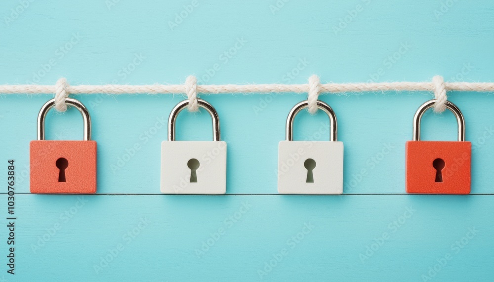 Poster four padlocks in varied colors hang from a string against a blue background, symbolizing security an