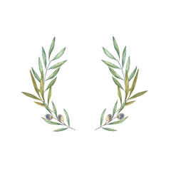 Watercolor hand drawn olive wreath illustration.