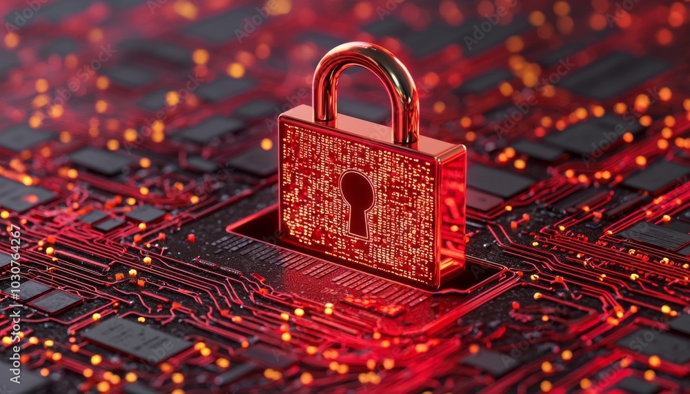 Poster a glowing red padlock sits atop a circuit board, symbolizing digital security and protection in a te