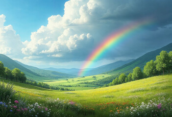 Fototapeta premium Beautiful Rainbow Over a Serene Valley Landscape