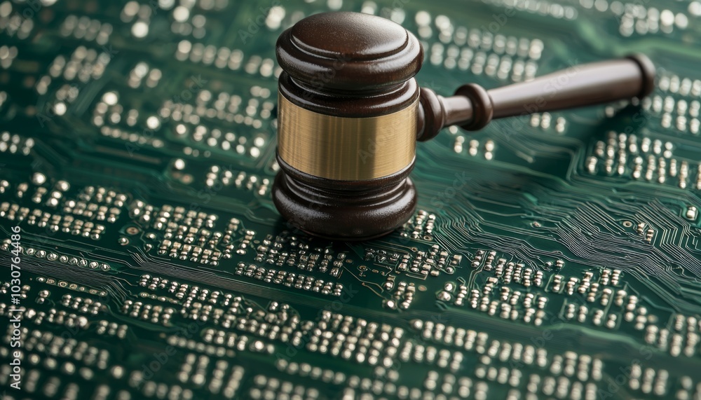 Poster an image of a gavel resting on a circuit board, symbolizing the intersection of law and technology.