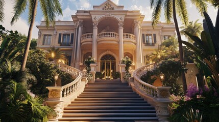 Fototapeta premium Elegant mansion with grand staircase entrance.