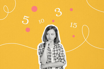 Composite photo collage of puzzled teenage girl think math example solution homework math subject...
