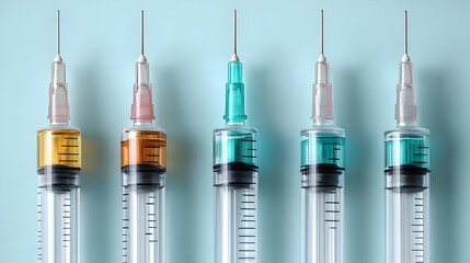Five syringes with varying colored liquids and needles.