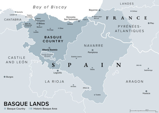 Basque Lands, gray political map. Basque Country, autonomous community in Spain with capital Vitoria-Gasteiz in dark gray, and historic Basque area in Spain and France in dark and lighter gray colors.