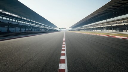 Wide-angle view of an empty race track with starting grid and ample copy space, no cars, no people