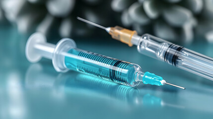 Two syringes with blue liquid and needles on a reflective surface.
