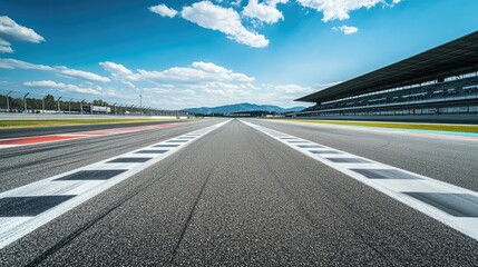 Fototapeta premium Wide-angle view of an empty race track with starting grid and ample copy space, no cars, no people