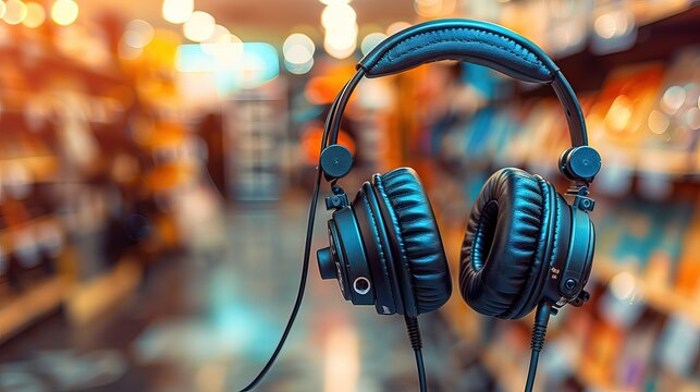 Sleek black headphones on white background, attractively positioned with slight tilt, symbolizing a sale, emphasizing modern design and audio technology.