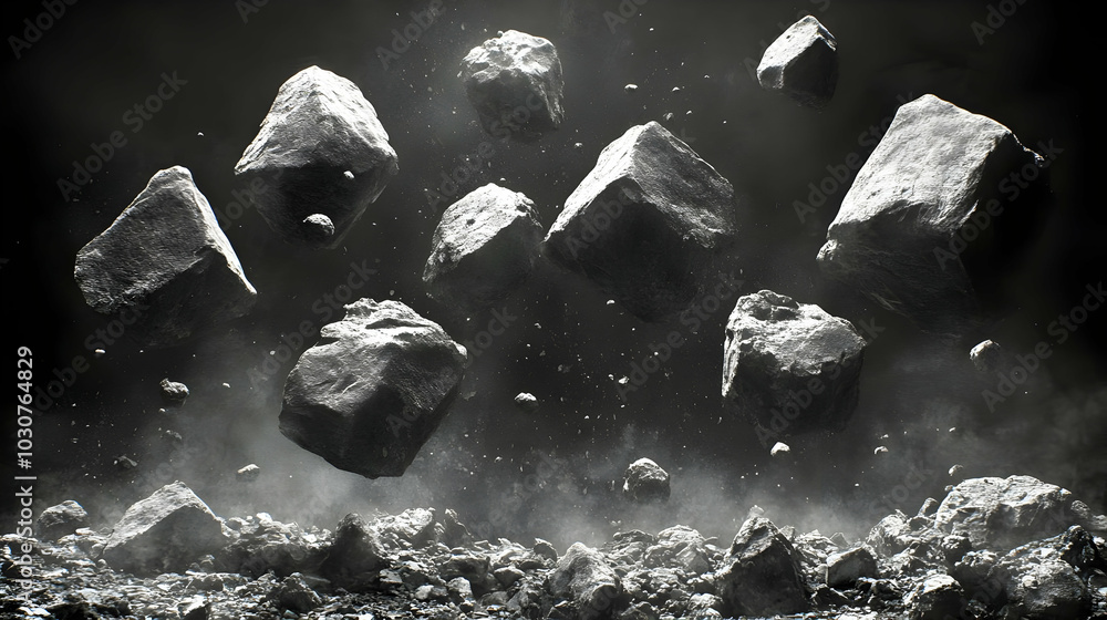 Poster floating rocks in a misty environment create a surreal atmosphere.