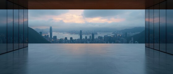A contemporary viewing platform offers a breathtaking panorama of a bustling city skyline under moody evening clouds, showcasing modern architecture.