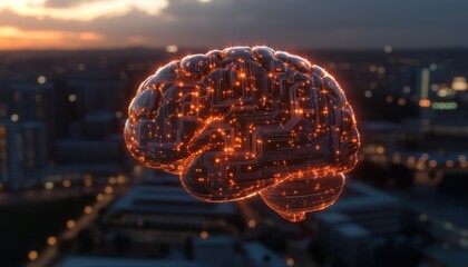 A stunning high-fidelity depiction of a brain silhouette filled with glowing circuits, symbolizing innovation and technology in a futuristic landscape.