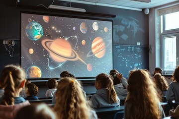 Children learning astronomy in classroom with planetary presentation