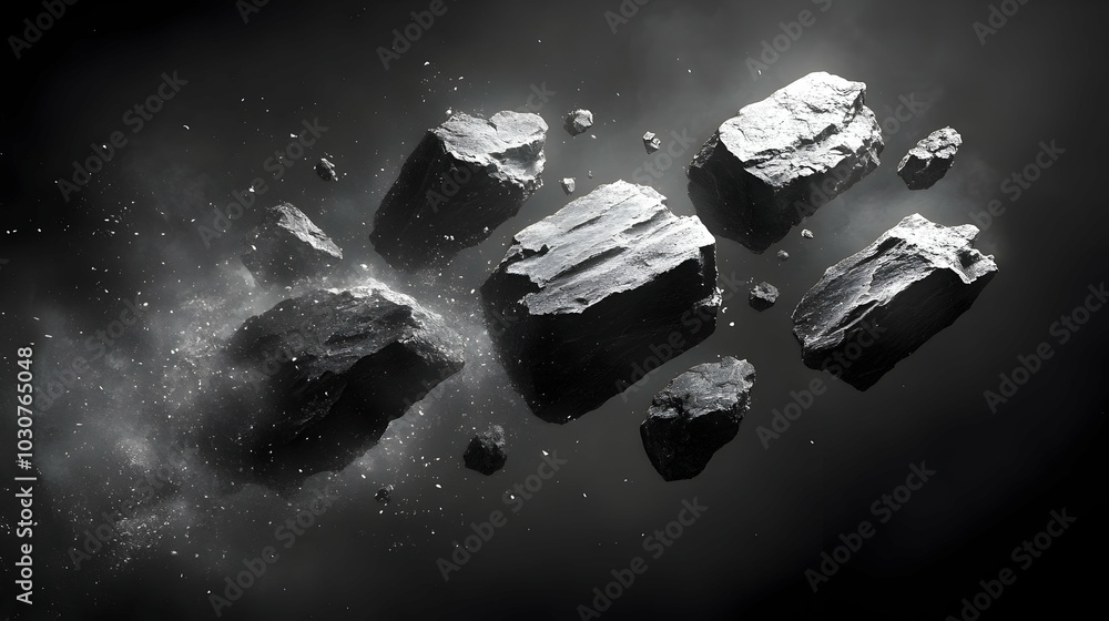 Poster abstract depiction of floating rocks in a monochrome setting.