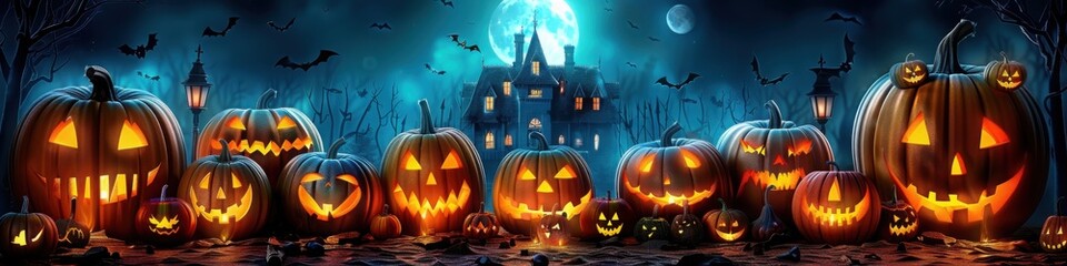 A mysterious and atmospheric Halloween panorama featuring a row of glowing jack-o-lanterns, set against a haunting blue background with a spectral castle silhouette under a full moon.


