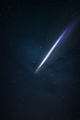 Fototapeta premium Bright Comet Tail,Glowing Comet Flies in Space in Night Sky and Star Background,Starry Universe Blue Galaxy,Cloud,Nebula,Nature Stardust field in deep universe, Milky way galaxy