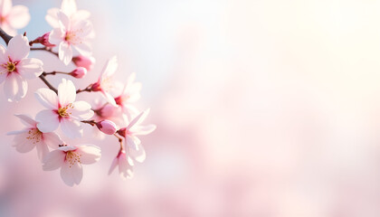 Cherry blossom branch with blooming flowers on tranquil soft background creating peaceful atmosphere