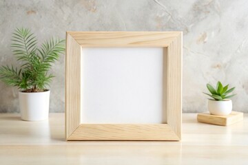 Frame mockup light wood white background square Asymmetrical