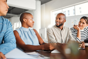 Business people, meeting and collaboration in office with media management and chat at desk....