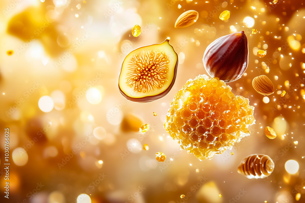 Poster Tiny honey cakes are beautifully arranged with golden honeycomb and mixed nuts, creating a visually stunning and appetizing display in a warm setting