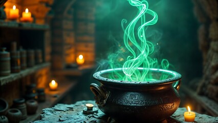 Cauldron of green glowing potion surrounded by candles on dark background