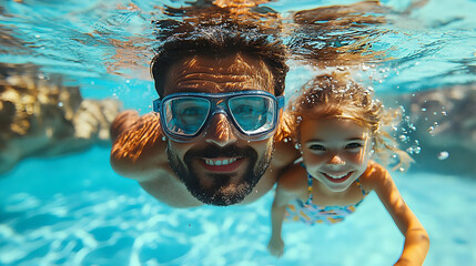 Naklejka premium A joyful underwater moment between a father and daughter.