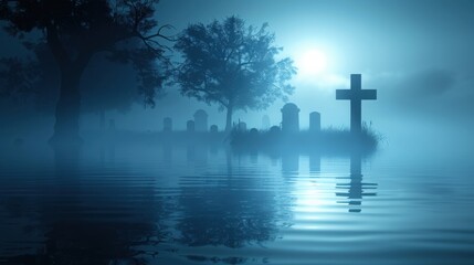 A haunting image of a cross reflecting in water amidst a misty, moonlit graveyard, setting a serene yet spooky scene.


