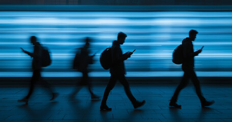 Silhouettes of people walking while looking at their phones, set against a blurred, glowing blue background, symbolizing the fast pace and digital focus of modern life