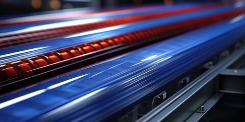 Fototapeta premium A Close-Up View of an Industrial Printing Press with a Blue Roller and Red Lights