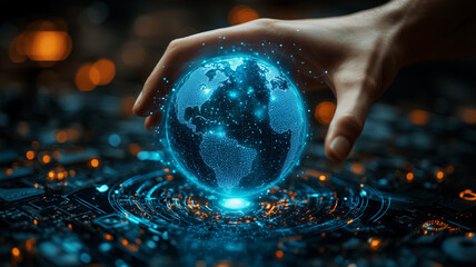 A hand carefully touching a glowing digital globe, representing global data and technology integration, with a futuristic, high-tech setting