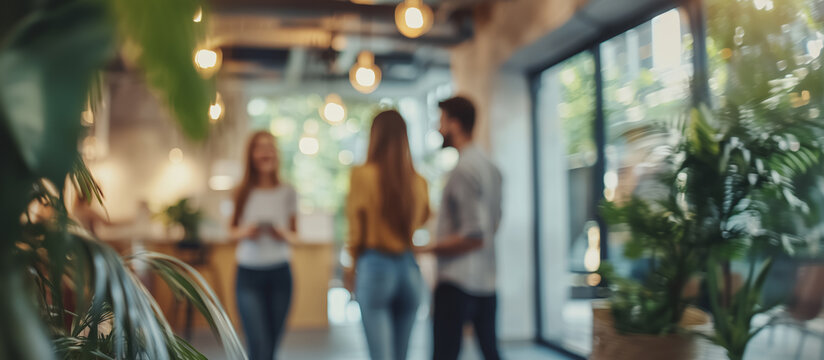 Casual conversation in a modern office with blurred background, natural lighting, and indoor plants, creating a relaxed and collaborative workspace vibe