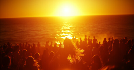 Fototapeta premium A vibrant beach party at sunset, with a silhouetted crowd enjoying the golden glow of the sun as it sets over the ocean, capturing a carefree summer atmosphere filled with joy and energy