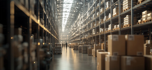 A massive, well-organized industrial warehouse filled with towering shelves and stacks of cardboard boxes, capturing the vast scale of modern logistics and supply chain management in a well-lit space