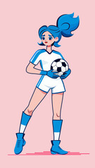 woman football player girl football player with ball, plays football, game, sport, life, lifestyle. Full-length character.Vector isolated illustration. Flat character portrait.